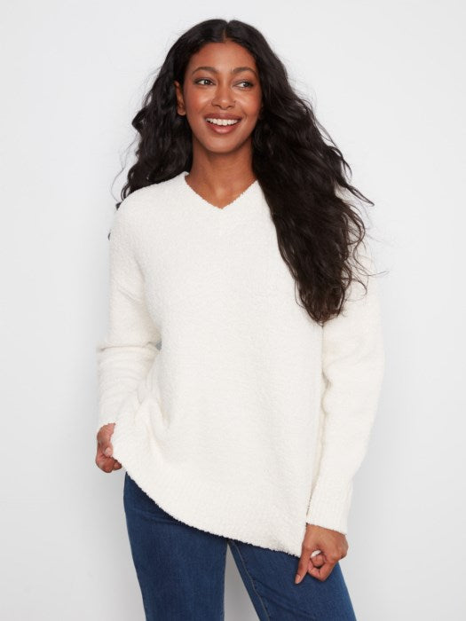 Charlie Long Sleeve Drop Shoulder V-Neck Sweater In Soft Boucle Yarn