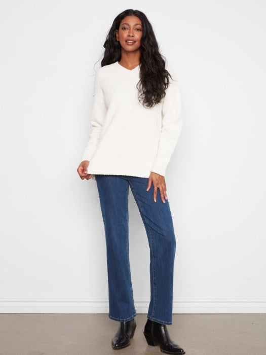Charlie Long Sleeve Drop Shoulder V-Neck Sweater In Soft Boucle Yarn