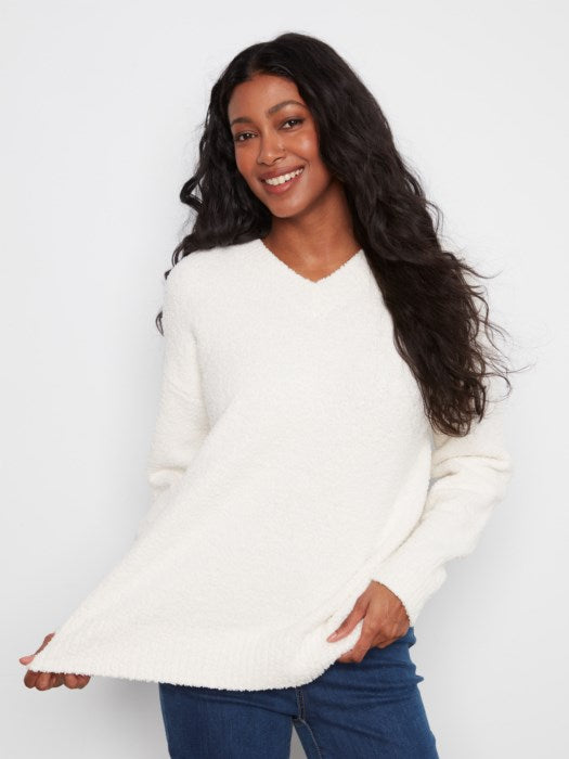 Charlie Long Sleeve Drop Shoulder V-Neck Sweater In Soft Boucle Yarn