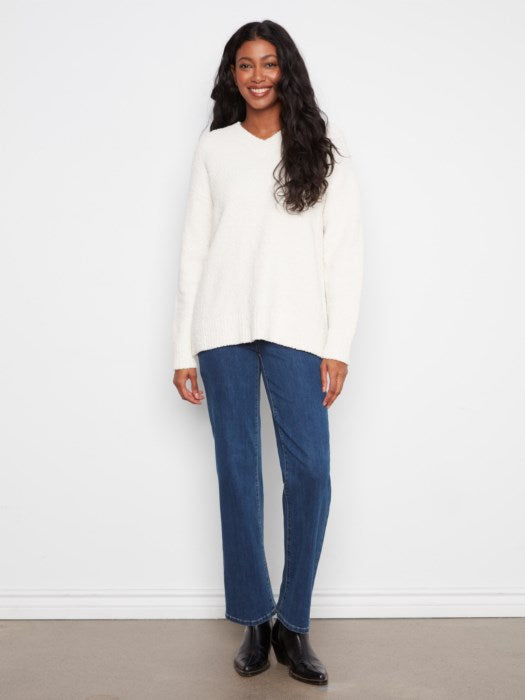 Charlie Long Sleeve Drop Shoulder V-Neck Sweater In Soft Boucle Yarn