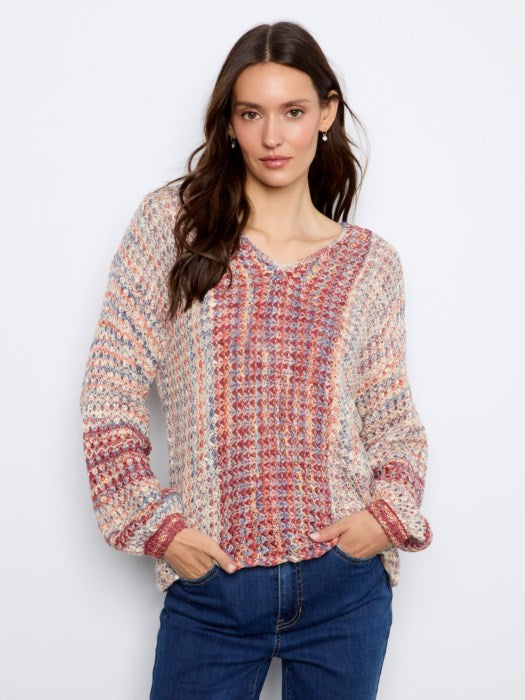 Charlie B Novelty Yarn Long Sleeve Drop Shoulder V-Neck Sweater