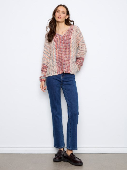 Charlie B Novelty Yarn Long Sleeve Drop Shoulder V-Neck Sweater