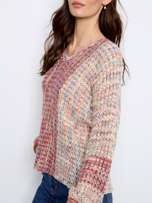 Charlie B Novelty Yarn Long Sleeve Drop Shoulder V-Neck Sweater