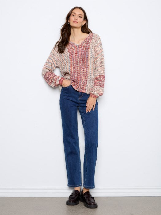 Charlie B Novelty Yarn Long Sleeve Drop Shoulder V-Neck Sweater