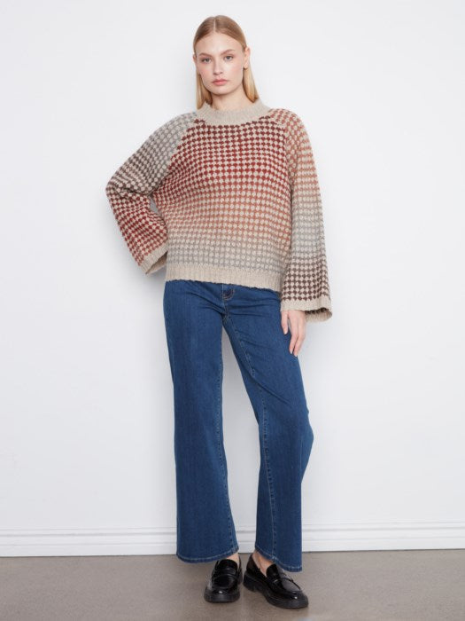 Charlie B 3/4 Sleeves Mock Neck Multicolor Knit Sweater