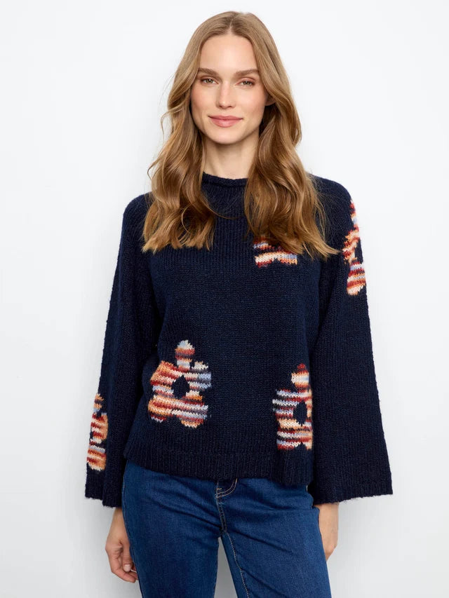 Charlie B High Neck Knit Sweater With Flowers Placement