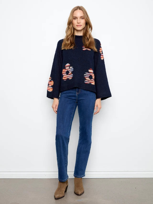 Charlie B High Neck Knit Sweater With Flowers Placement