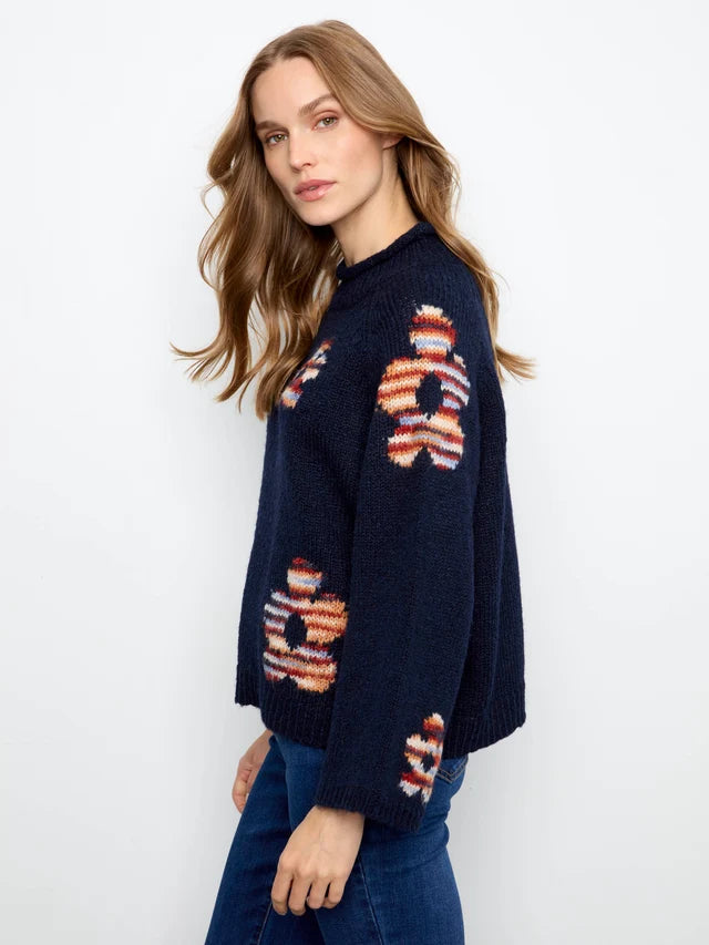 Charlie B High Neck Knit Sweater With Flowers Placement