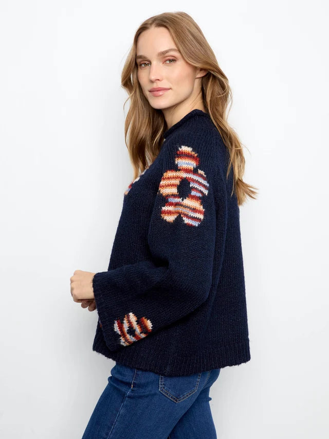 Charlie B High Neck Knit Sweater With Flowers Placement