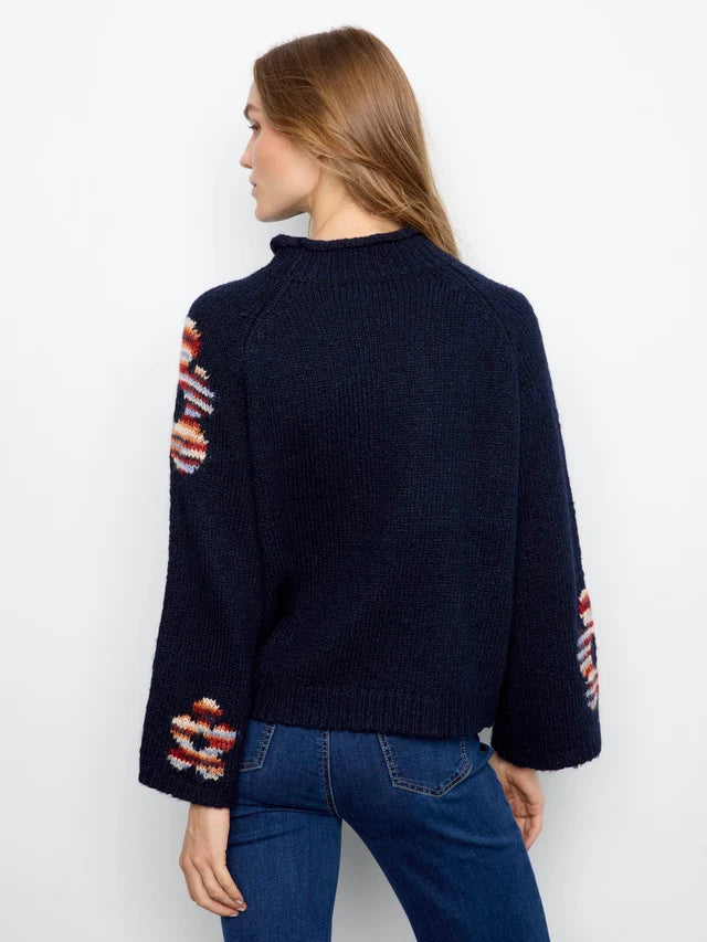 Charlie B High Neck Knit Sweater With Flowers Placement