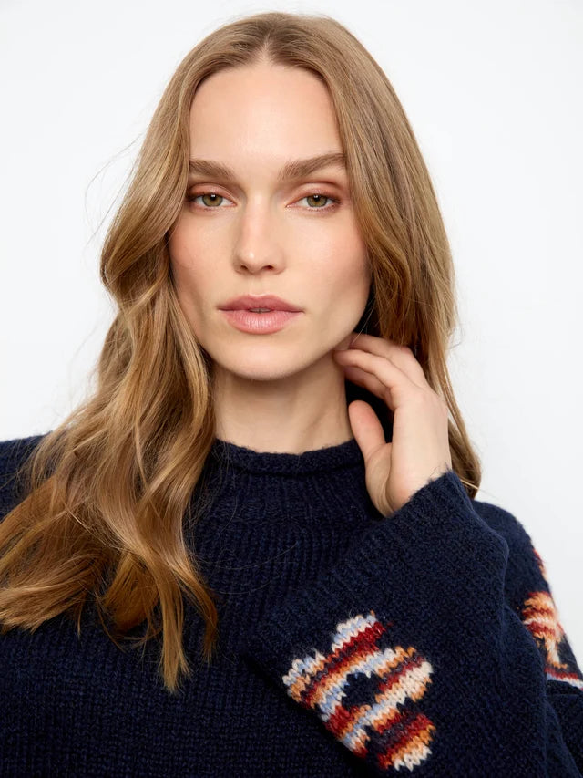 Charlie B High Neck Knit Sweater With Flowers Placement