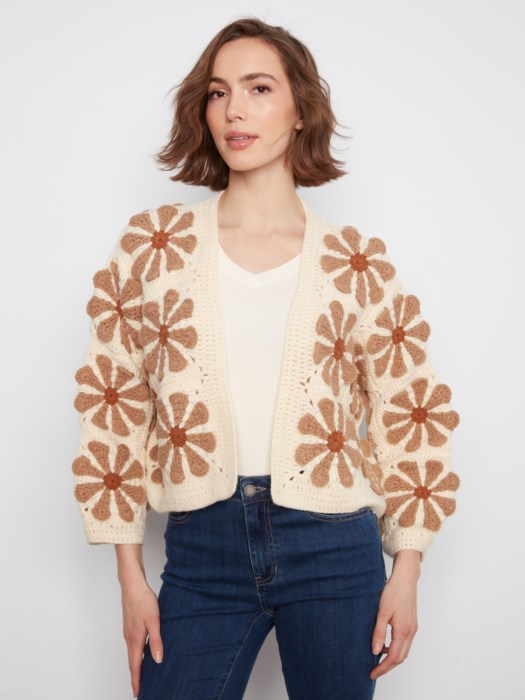 Charlie B Long Sleeve Drop Shoulder Flower Crochet Cardigan