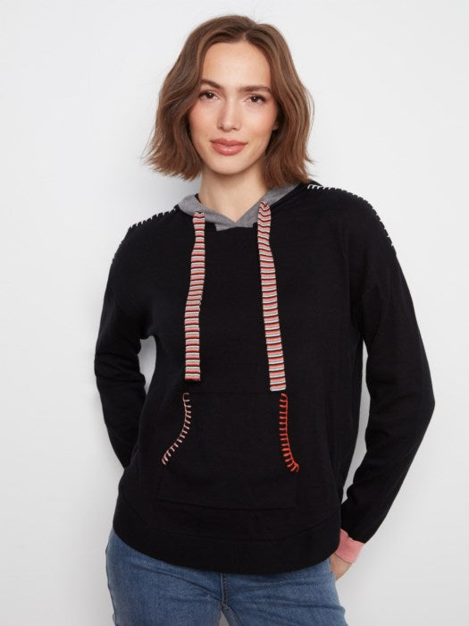 Charlie B Long Sleeve Round Hem Hooded Sweater with Contrast Detail And Cuffs