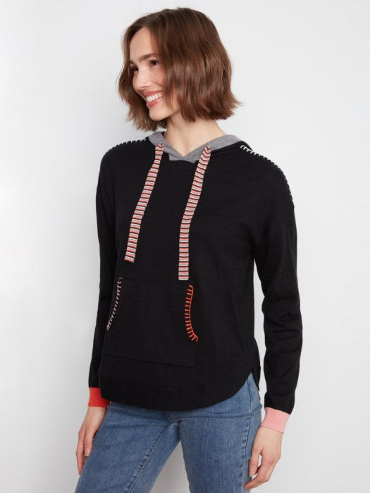 Charlie B Long Sleeve Round Hem Hooded Sweater with Contrast Detail And Cuffs