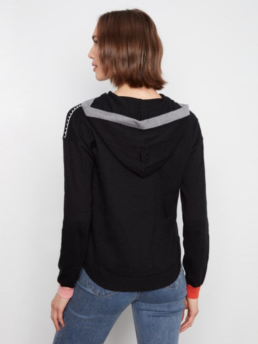 Charlie B Long Sleeve Round Hem Hooded Sweater with Contrast Detail And Cuffs
