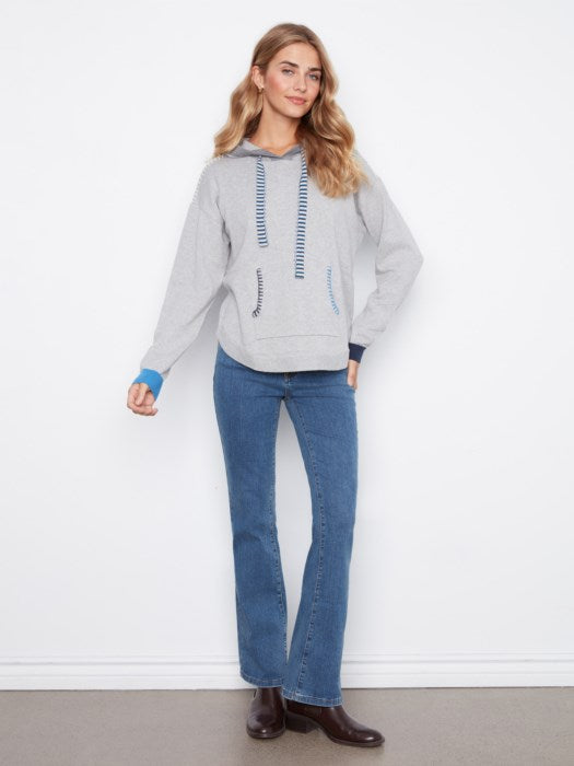 Charlie B Long Sleeve Round Hem Hooded Sweater with Contrast Detail And Cuffs