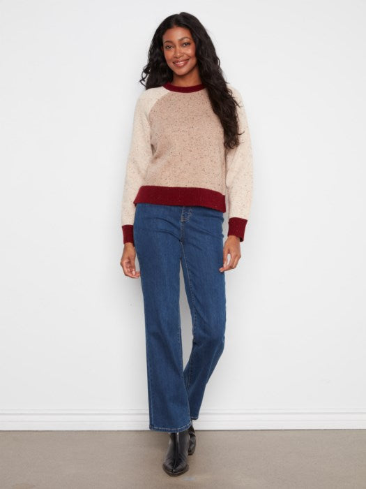 Charlie B Raglan Long Sleeve Crew Neck Color Blocked Sweater