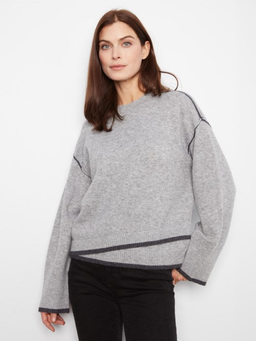 Charlie B Wide Long Sleeve Drop Shoulder Crew Neck Sweater With Asymmetric Hem Detail & Contrast Tipping