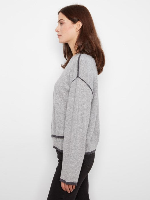 Charlie B Wide Long Sleeve Drop Shoulder Crew Neck Sweater With Asymmetric Hem Detail & Contrast Tipping