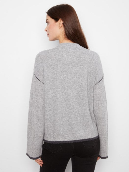 Charlie B Wide Long Sleeve Drop Shoulder Crew Neck Sweater With Asymmetric Hem Detail & Contrast Tipping