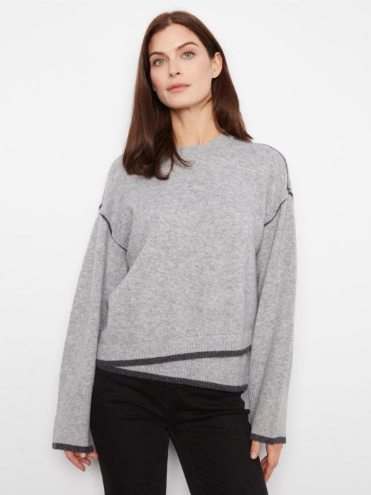 Charlie B Wide Long Sleeve Drop Shoulder Crew Neck Sweater With Asymmetric Hem Detail & Contrast Tipping