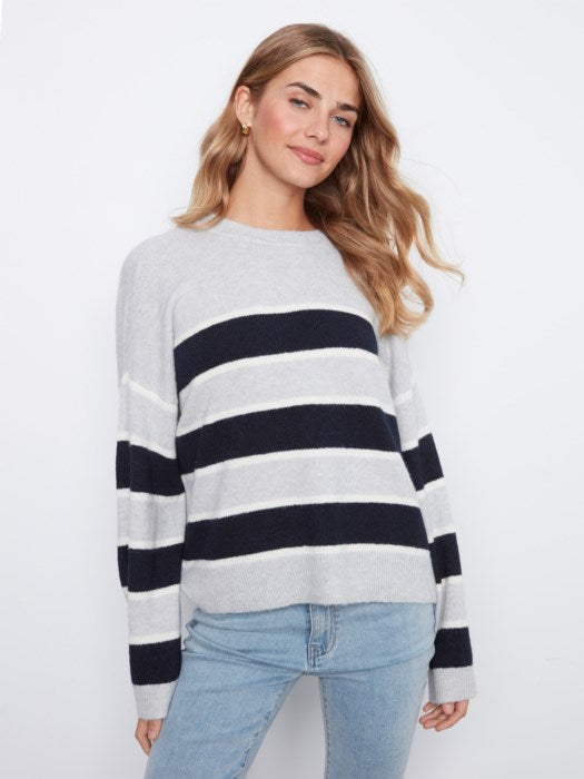 Charlie B Long Sleeve Drop Shoulder Crew Neck Yarn Dyed Striped Sweater