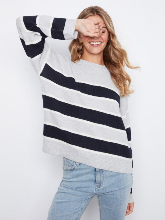Charlie B Long Sleeve Drop Shoulder Crew Neck Yarn Dyed Striped Sweater