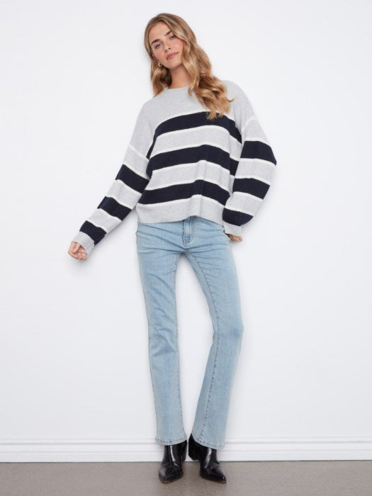 Charlie B Long Sleeve Drop Shoulder Crew Neck Yarn Dyed Striped Sweater
