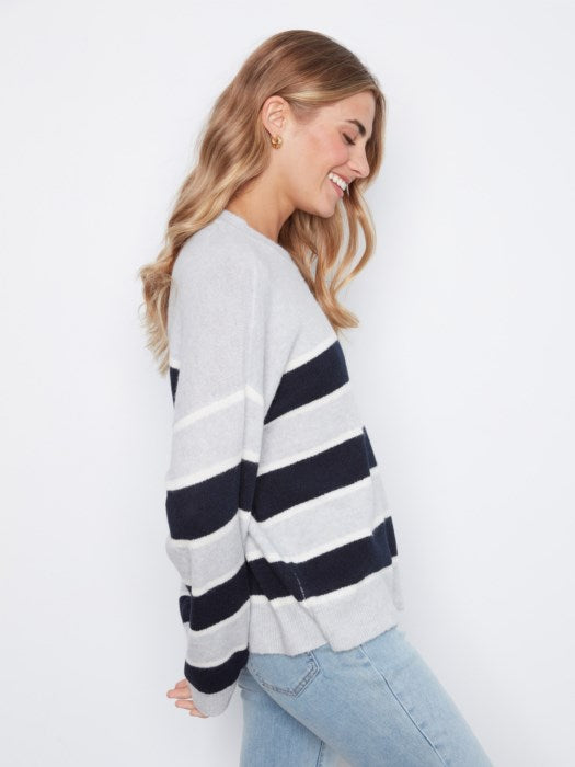Charlie B Long Sleeve Drop Shoulder Crew Neck Yarn Dyed Striped Sweater