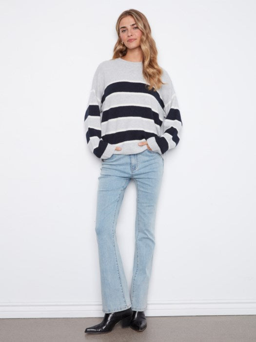 Charlie B Long Sleeve Drop Shoulder Crew Neck Yarn Dyed Striped Sweater