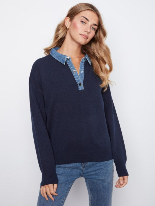 Charlie B Long Sleeve Drop Shoulder Polo Sweater With Denim Shirt Collar And Placket
