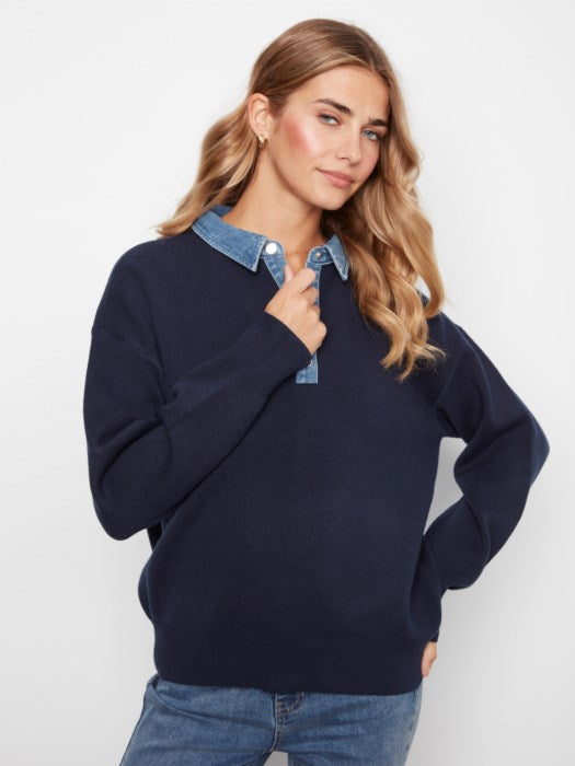 Charlie B Long Sleeve Drop Shoulder Polo Sweater With Denim Shirt Collar And Placket