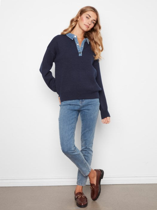 Charlie B Long Sleeve Drop Shoulder Polo Sweater With Denim Shirt Collar And Placket