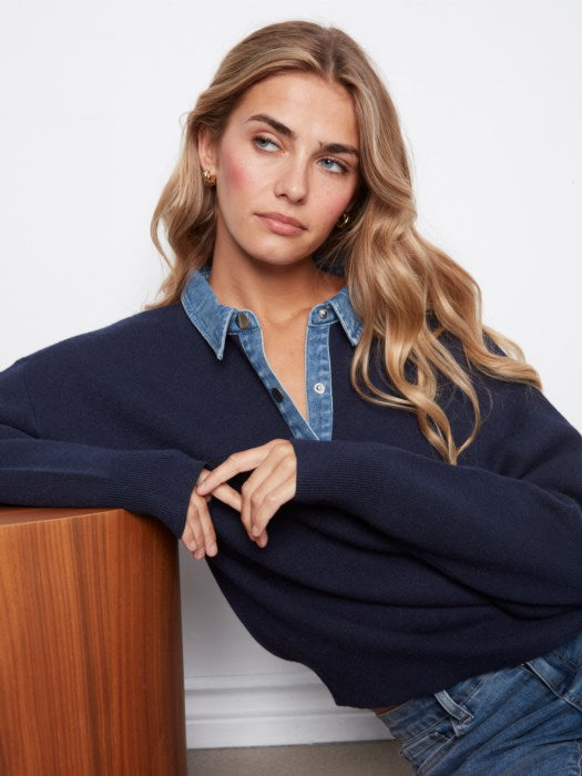 Charlie B Long Sleeve Drop Shoulder Polo Sweater With Denim Shirt Collar And Placket