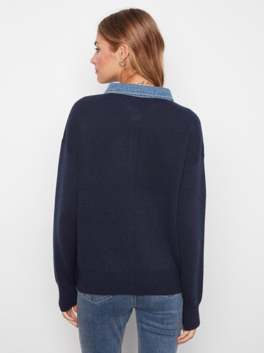 Charlie B Long Sleeve Drop Shoulder Polo Sweater With Denim Shirt Collar And Placket