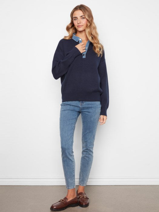 Charlie B Long Sleeve Drop Shoulder Polo Sweater With Denim Shirt Collar And Placket