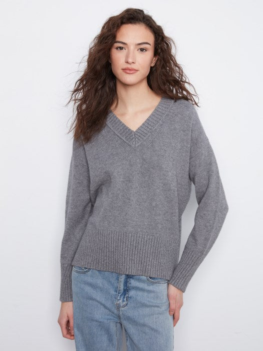 Charlie B Long Sleeve Drop Shoulder V Neck Sweater With Fully Fashion Rib Detail