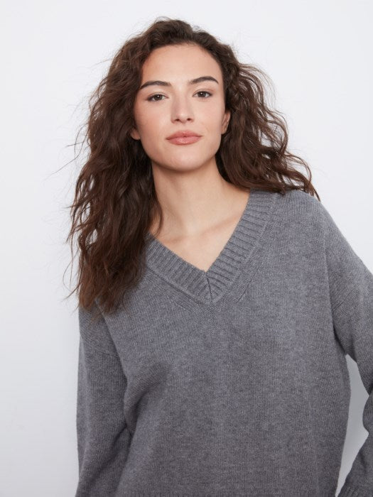 Charlie B Long Sleeve Drop Shoulder V Neck Sweater With Fully Fashion Rib Detail