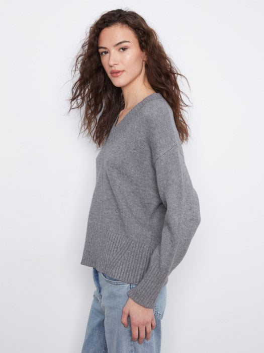 Charlie B Long Sleeve Drop Shoulder V Neck Sweater With Fully Fashion Rib Detail