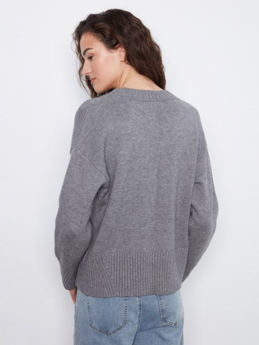 Charlie B Long Sleeve Drop Shoulder V Neck Sweater With Fully Fashion Rib Detail