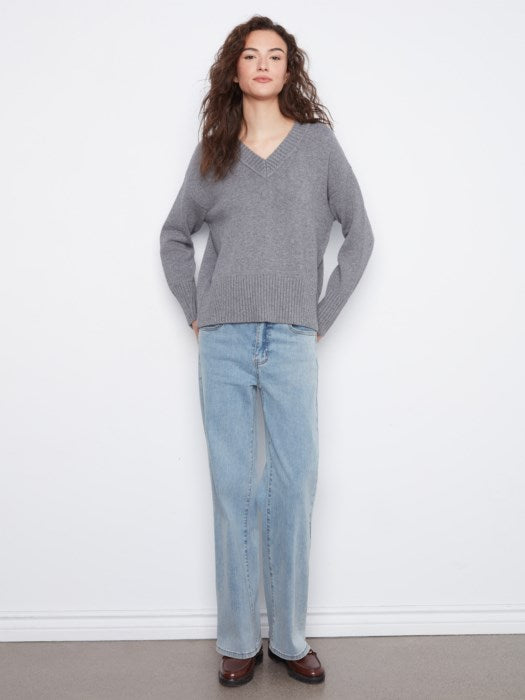 Charlie B Long Sleeve Drop Shoulder V Neck Sweater With Fully Fashion Rib Detail
