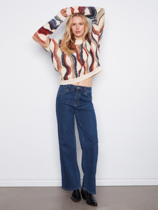 Charlie B Long Sleeve Crew Neck Novelty Jacquard Sweater