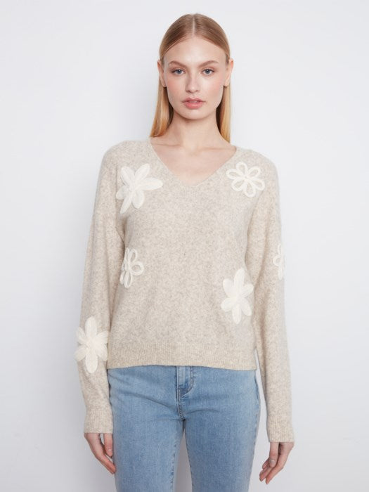 Charlie B Long Sleeve V-Neck Sweater With Flower Appliques