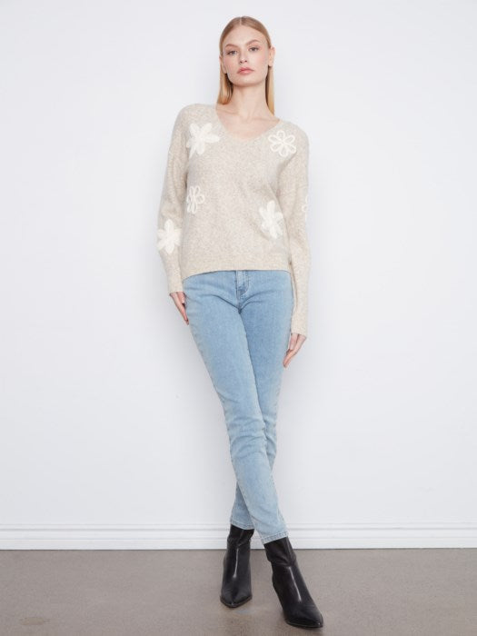 Charlie B Long Sleeve V-Neck Sweater With Flower Appliques