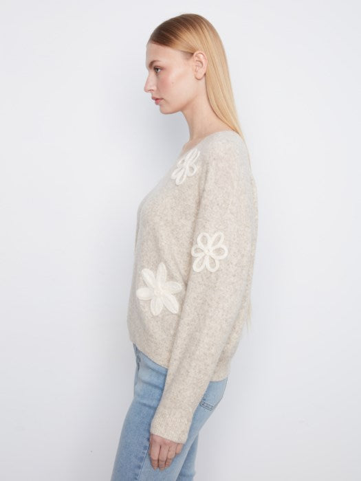 Charlie B Long Sleeve V-Neck Sweater With Flower Appliques