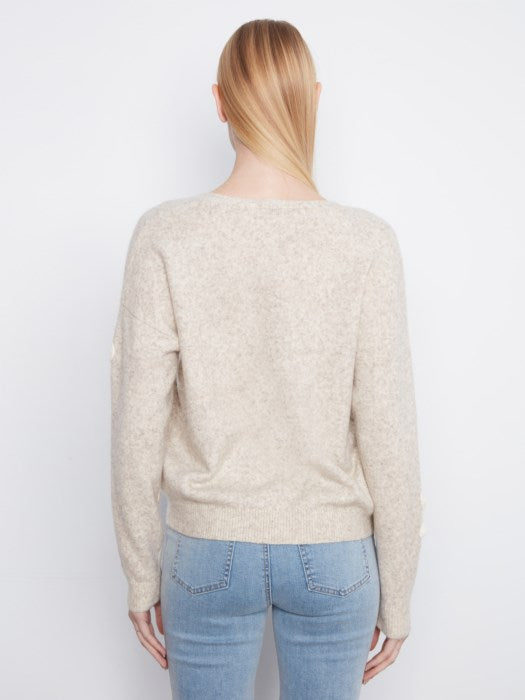 Charlie B Long Sleeve V-Neck Sweater With Flower Appliques