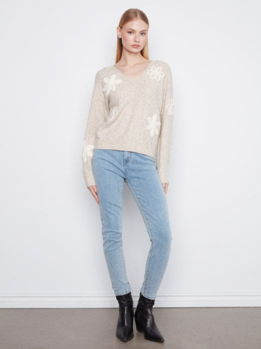 Charlie B Long Sleeve V-Neck Sweater With Flower Appliques