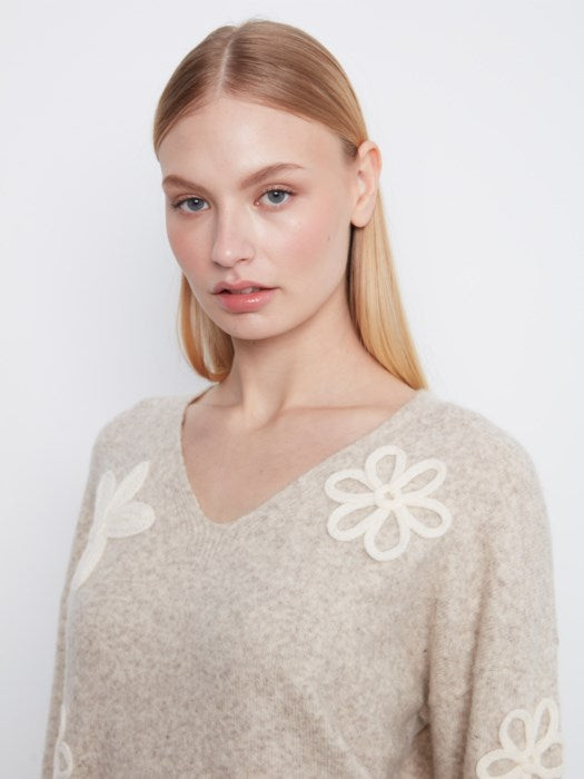 Charlie B Long Sleeve V-Neck Sweater With Flower Appliques