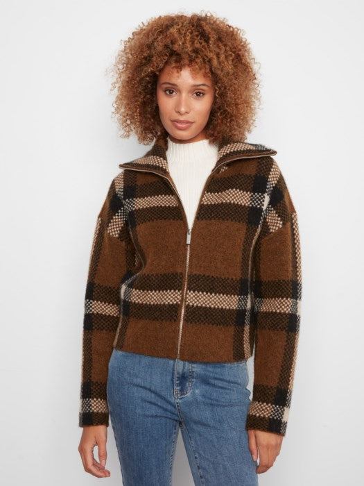 Charlie B Long Sleeve Front Zip High Collar Cardigan In Plaid Sweater Jacquard
