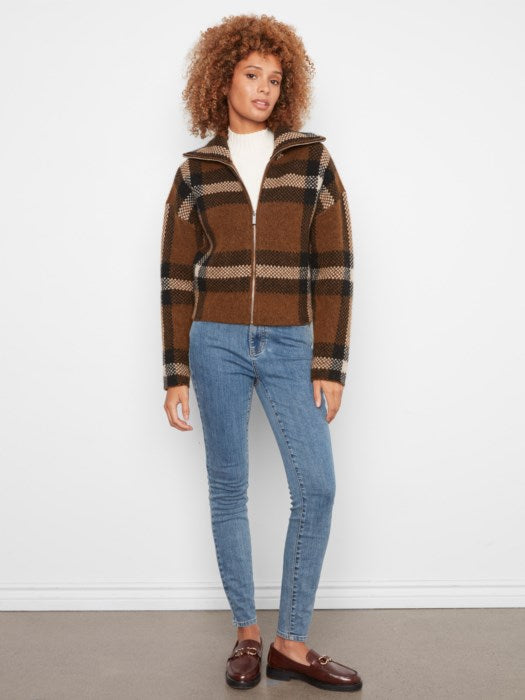 Charlie B Long Sleeve Front Zip High Collar Cardigan In Plaid Sweater Jacquard